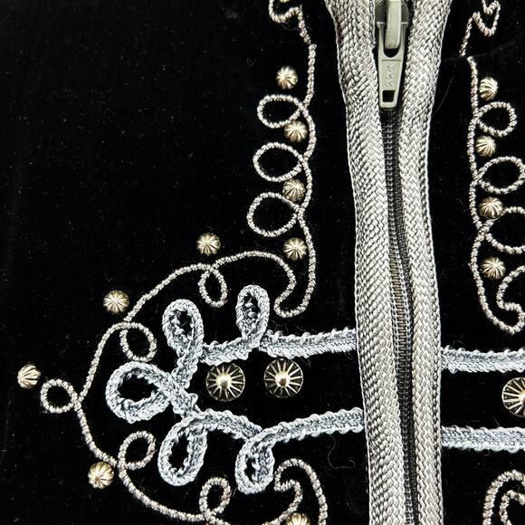 90s Double D Ranch Wear Black Velvet Zip Front Vest w Silver Studs + Embroidery - Picture 3 of 6